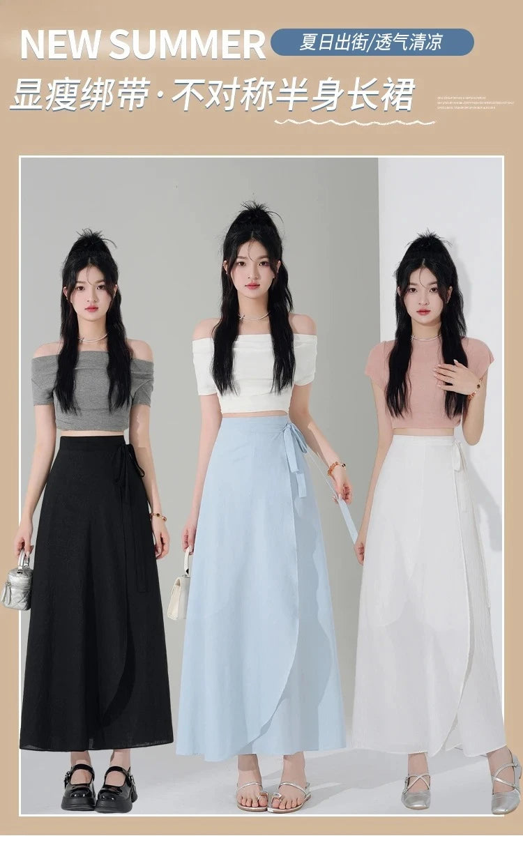 Chic Korea Clothes Summer Women Cute Sweet GIrls Solid Robe Holiday Date High Waist Retro Vintage Wrap One-Piece Lace-Up Skirts