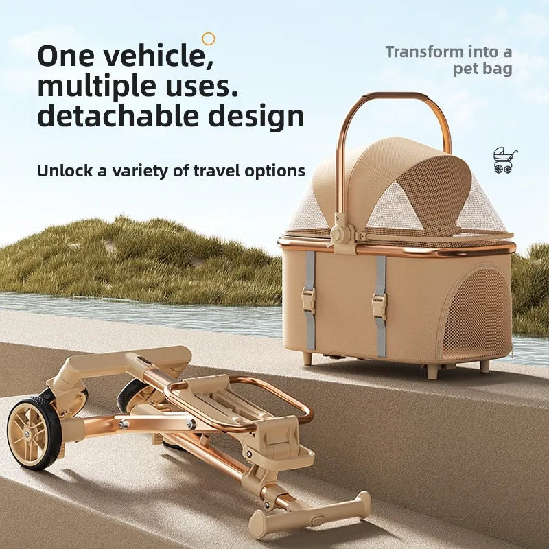 Rose Gold Pet Stroller Fashion Lightweight Foldable Detachable Carrier Bag Dog Cat Travel Cross Border Pet Stroller Dog Trolley