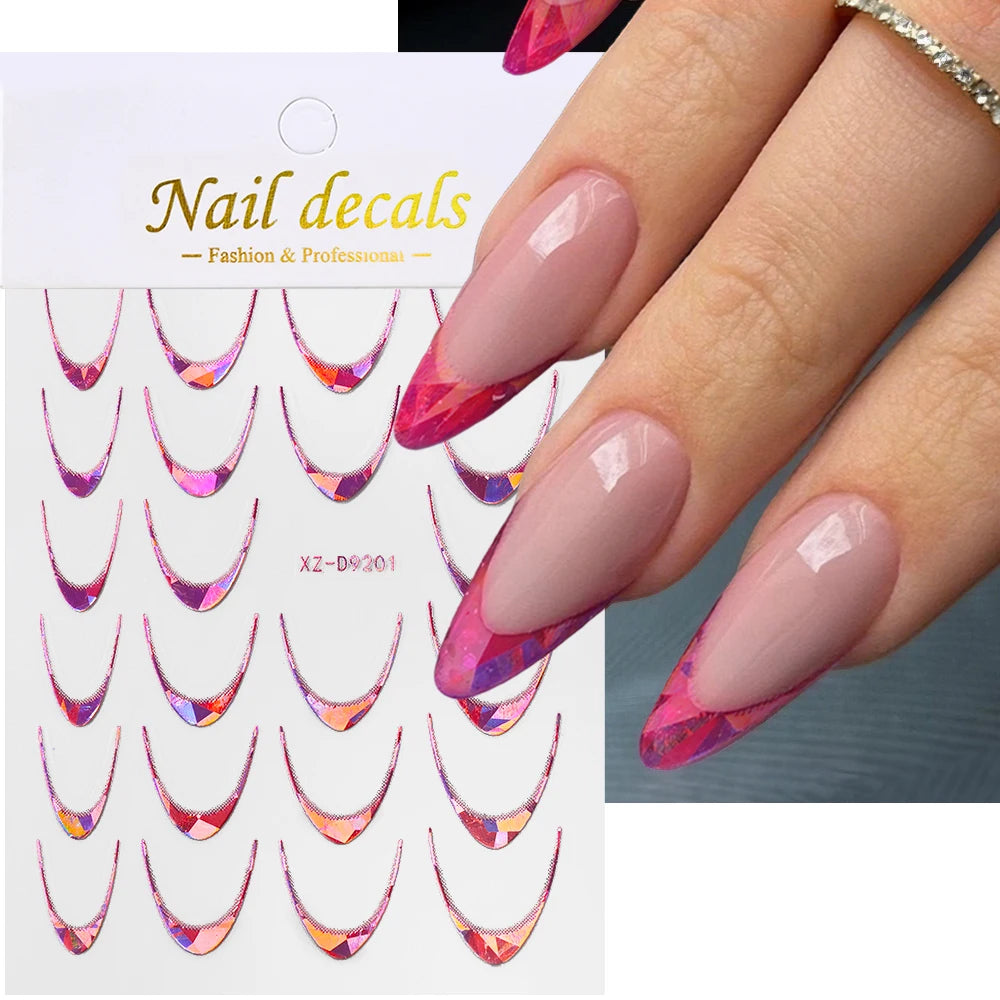3D Gold Stamping V-Shaped French Tips Nail Art Stickers Retro Metal French Line Nail Decals Chrome Curved Strip Nail Decoration