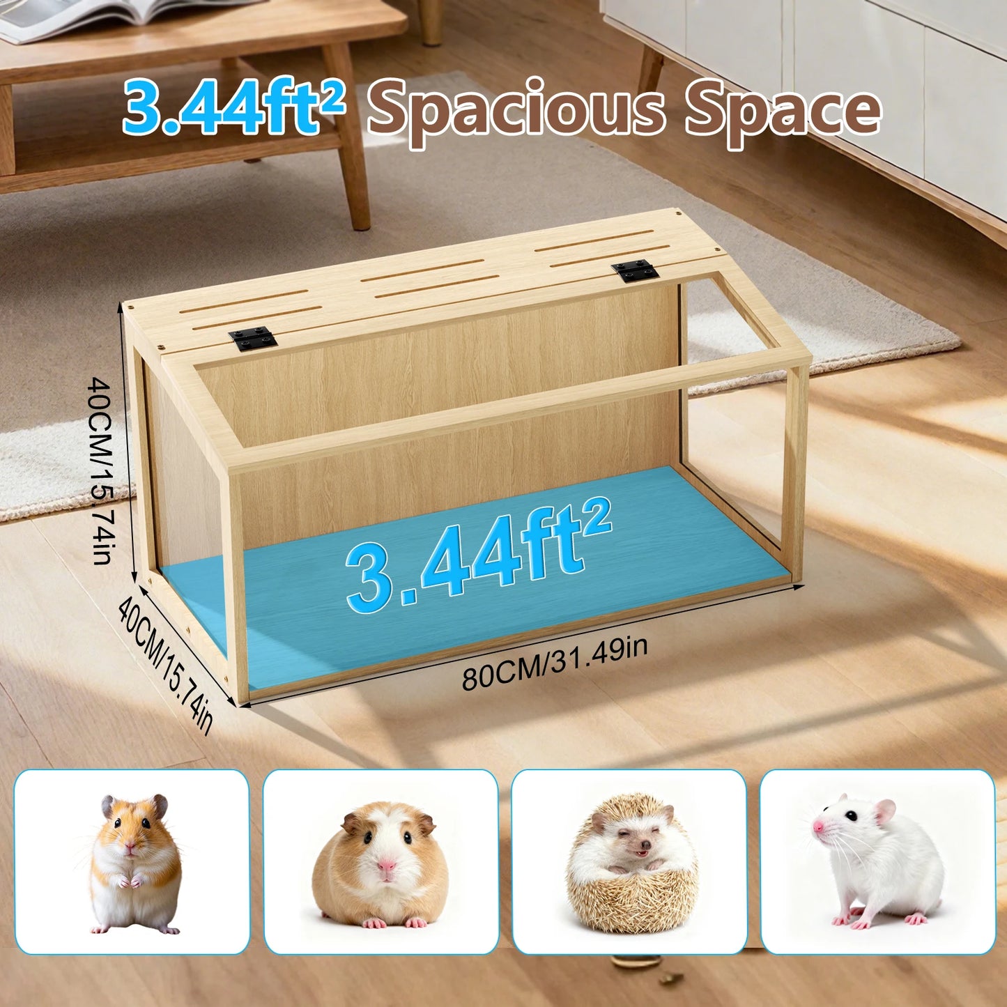 Large Wooden Hamster Cage Clear Tempered Glass Pet Small Animal Habitat Cage Playful Hutch House