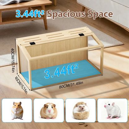 Large Wooden Hamster Cage Clear Tempered Glass Pet Small Animal Habitat Cage Playful Hutch House