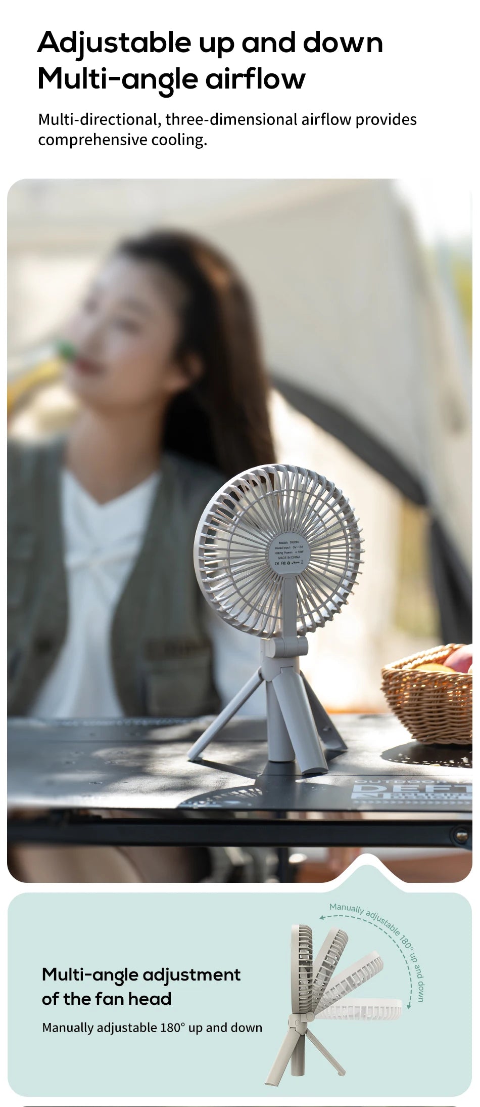 XIAOTREE Portable Handheld Rechargeable Fan LED Digital Display 180°Adjustable Rechargeable Fan 4 Speed Wind Camping Tripod Fan