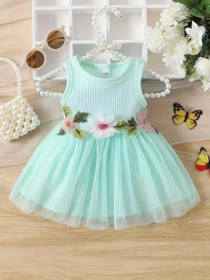Soft Pink Knit Sleeveless Dress - 3D Flower Accent Tulle Skirt Girls Sweet Princess Outfit