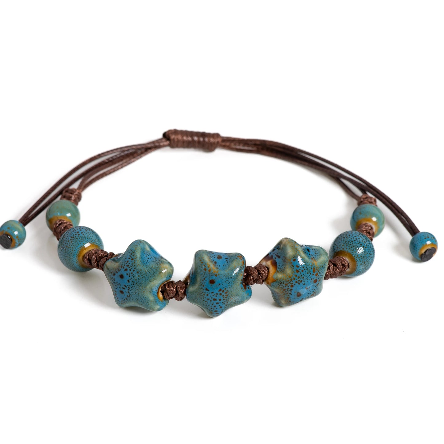 Handmade Glazed Ceramic Star Bracelet Adjustable Woven String Jewelry for Women Men Boho Style Gift S02-033