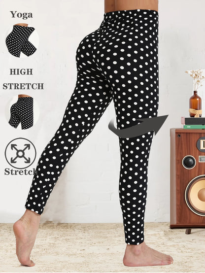 Four Seasons European  American Casual Women's Black Leggings  High Stretch Tight Pants White Polka Dot Pattern Cropped Pants