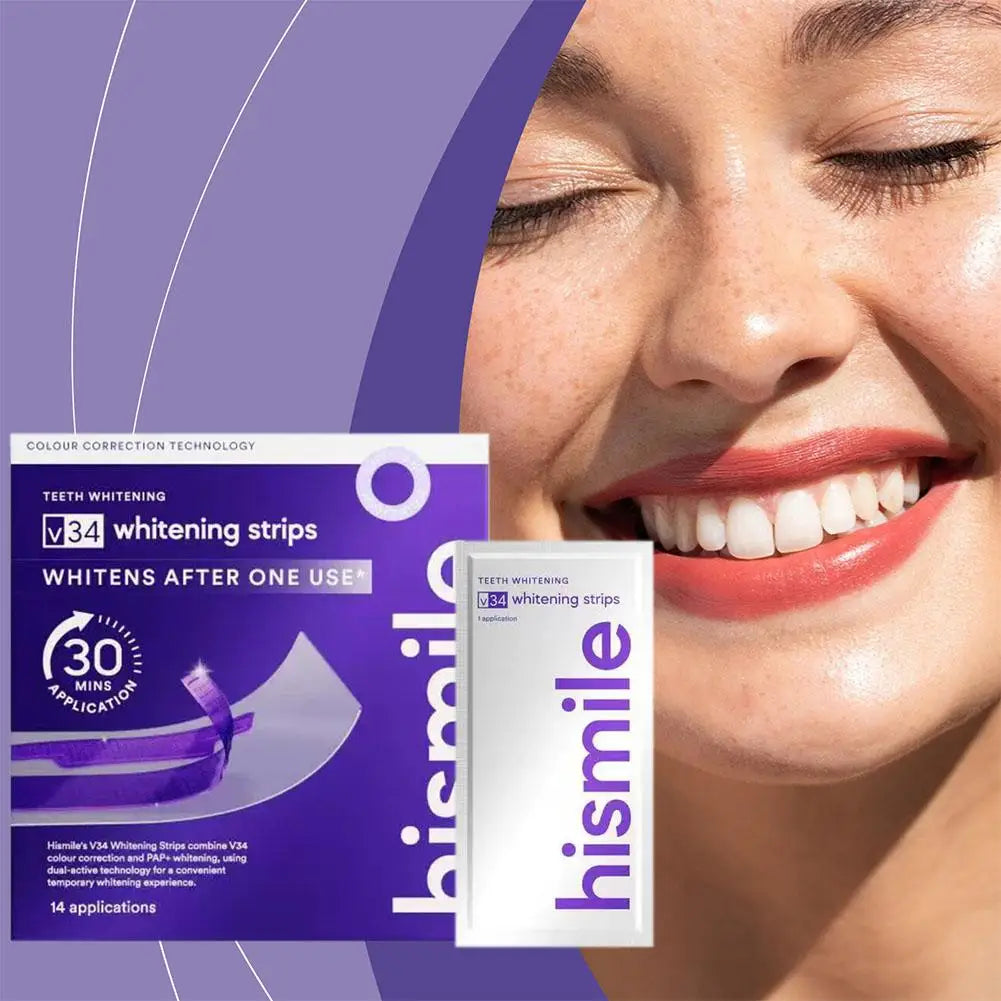 V34 Purple Teeth Whitening Strips Remove Plaque Stains Brighten Teeth Reduce Sensitivity 30 Mins Quick Dental Oral Care Stickers