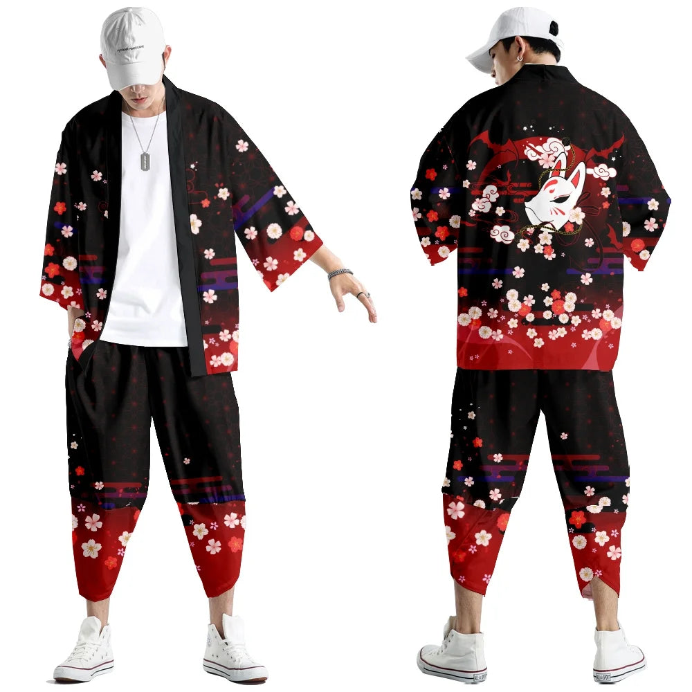 Large Size 5XL 6XL Japanese Kimono Cardigan Pants Set Print Fox Men Women Shirt Tradition Yukata Haori Obi Cosplay Costume