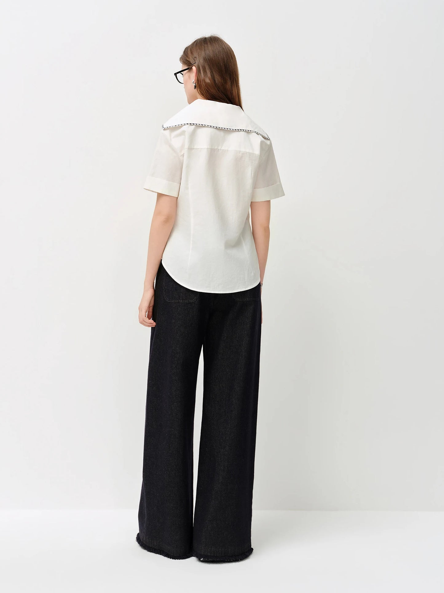 FSLE 2026 Summer Women's Sailor Collar Shell Embroidered Short Sleeve Shirt Preppy Button Down Blouse for Rebellious Prep Style