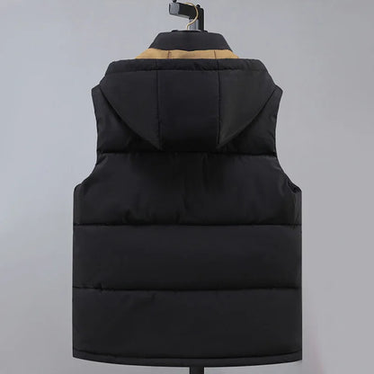2024 Autumn Winter Men Thicken Cotton Waistcoat Sleeveless Vests Jackets Warm Detachable Hat Outerwear Male Zipper Hooded Coats