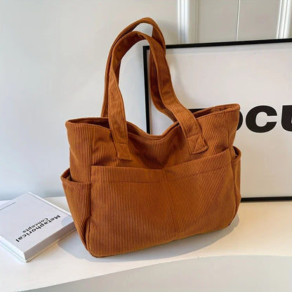 Large Capacity Women's Corduroy Tote Bag Casual Striped Shoulder Bag with Fixed Straps Zipper Handbag for Daily Commuting