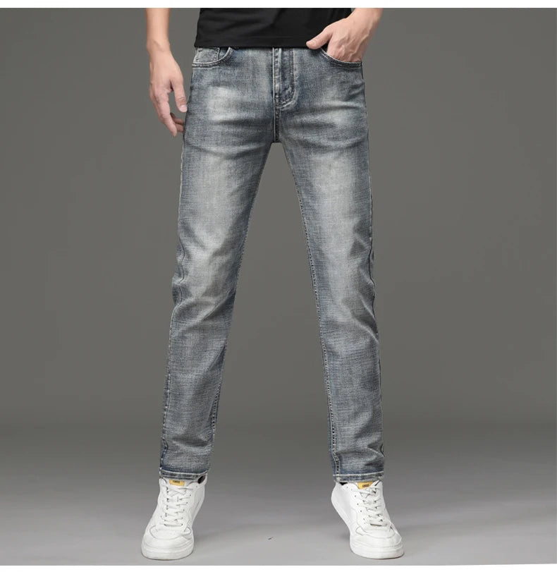 High-end Light Luxury Brand Jeans Men's Retro Slim Fit Straight Versatile Casual Gray Trousers Autumn and Winter Thick Jeans