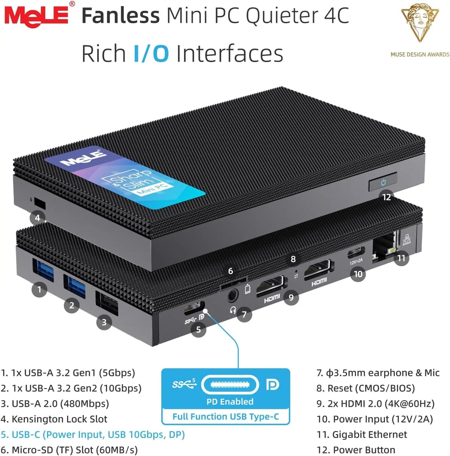 MeLE Quieter4C Fanless Mini PC N150 8GB 256GB,Industrial Slim Micro Computer, 4K Triple Display, Dual HDMI, USB-C, WiFi 5, BT5.1