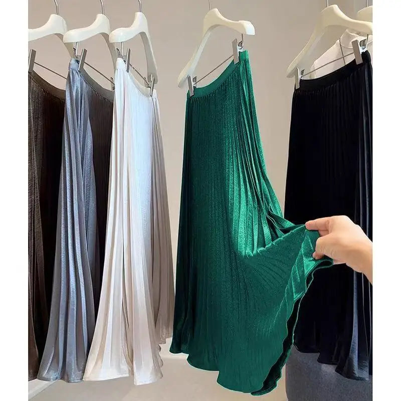 Women Summer Solid Pleated Satin Long Skirt Korean New Fashion Ladies Work Casual Elastic High Waist A Line Party Loose Skirts