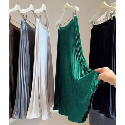 Women Summer Solid Pleated Satin Long Skirt Korean New Fashion Ladies Work Casual Elastic High Waist A Line Party Loose Skirts
