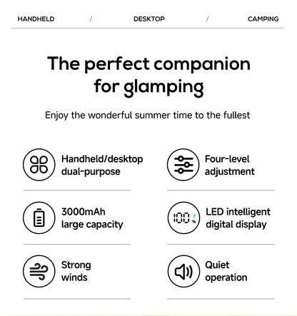 XIAOTREE Portable Handheld Rechargeable Fan LED Digital Display 180°Adjustable Rechargeable Fan 4 Speed Wind Camping Tripod Fan