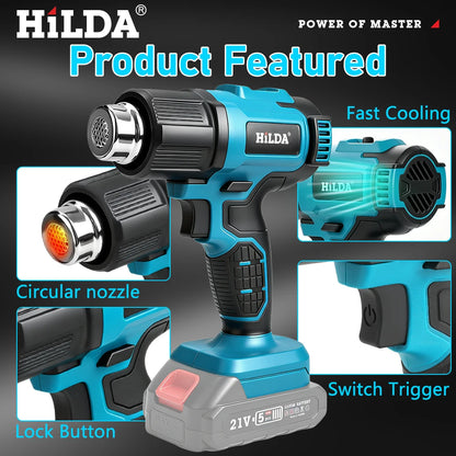 HILDA Cordless Handheld Hot Air Gun With Nozzle For Shrink Wrap PVC Welding Paint Removing DIY Craft Repair For Makita Battery