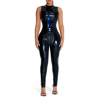 PVC Sleeveless Jumpsuit for Ladies, Wet Look, Shiny Patent Leather, O-Neck Bodycon, Tank Catsuit, Stretch Slim Rompers, Sexy