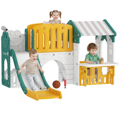 7-in-1 children's slide, indoor playground, climbing frame, house, basketball hoop, plastic, yellow + green, toy slide, outdoor slide, outdoor toy slide, slide