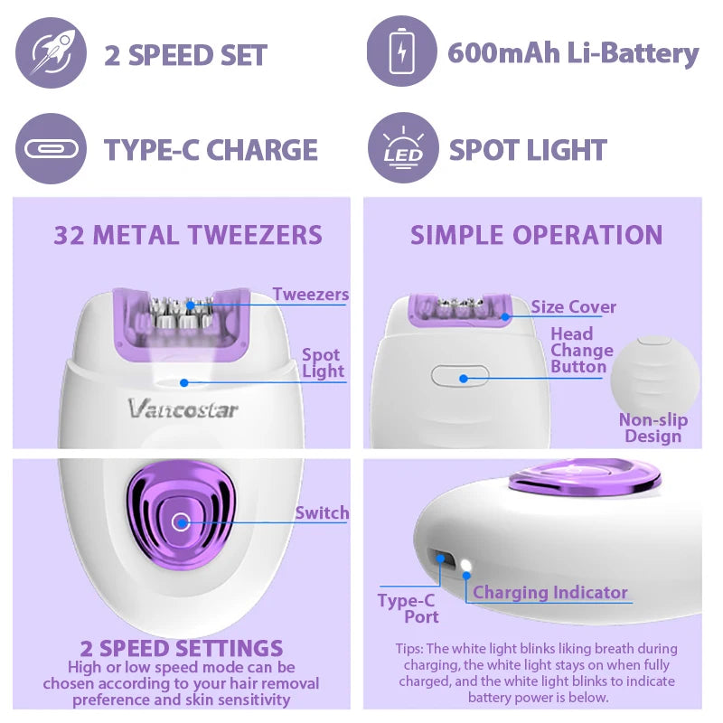 2in1 Epilator Facial Hair Removal Rechargeable 32 Tweezers Smooth Skin Whole Body 2 Speeds Hair Removal Device Electric Shaver