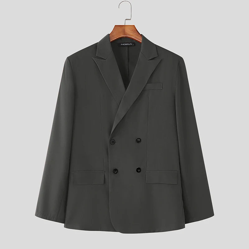INCERUN Men Sets Solid Color Double Breasted Long Sleeve Blazer & Pants Two Pieces Sets Streetwear Fashion Casual Men's Suits