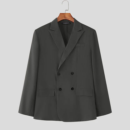 INCERUN Men Sets Solid Color Double Breasted Long Sleeve Blazer & Pants Two Pieces Sets Streetwear Fashion Casual Men's Suits