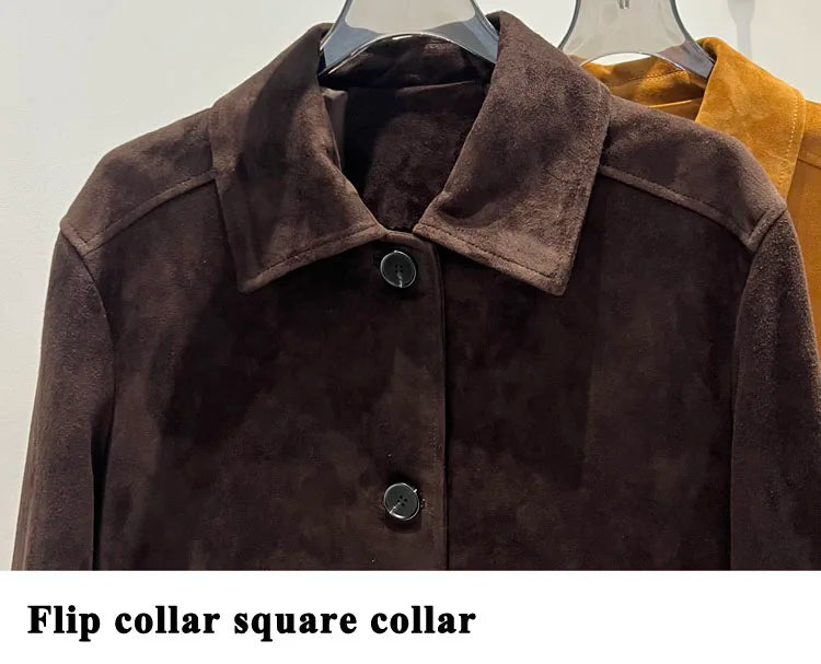 European Imported Kid Suede Leather Jacket for Woman High Grade Turn Down Collar Pocket Short Cropped Coat Long Sleeve Top Mujer