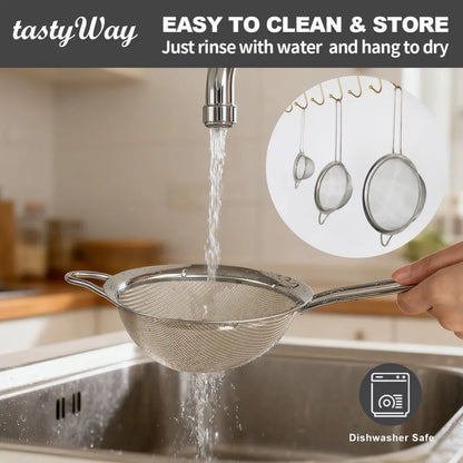 tastyWay 3pcs/set Stainless Steel Fine Mesh Strainers Multipurpose Flour Sifter For Baking With Handle Flour Sieve Sifter Baking