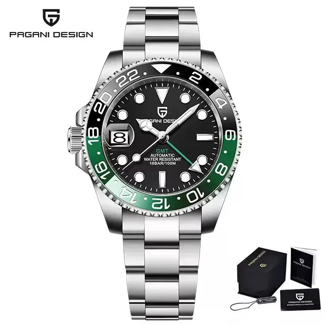 PAGANI DESIGN 40MM Black Gray Dual Tone Automatic Mechanical GMT WATCH Sapphire Glass Stainle Steel Sports luminous Watches men