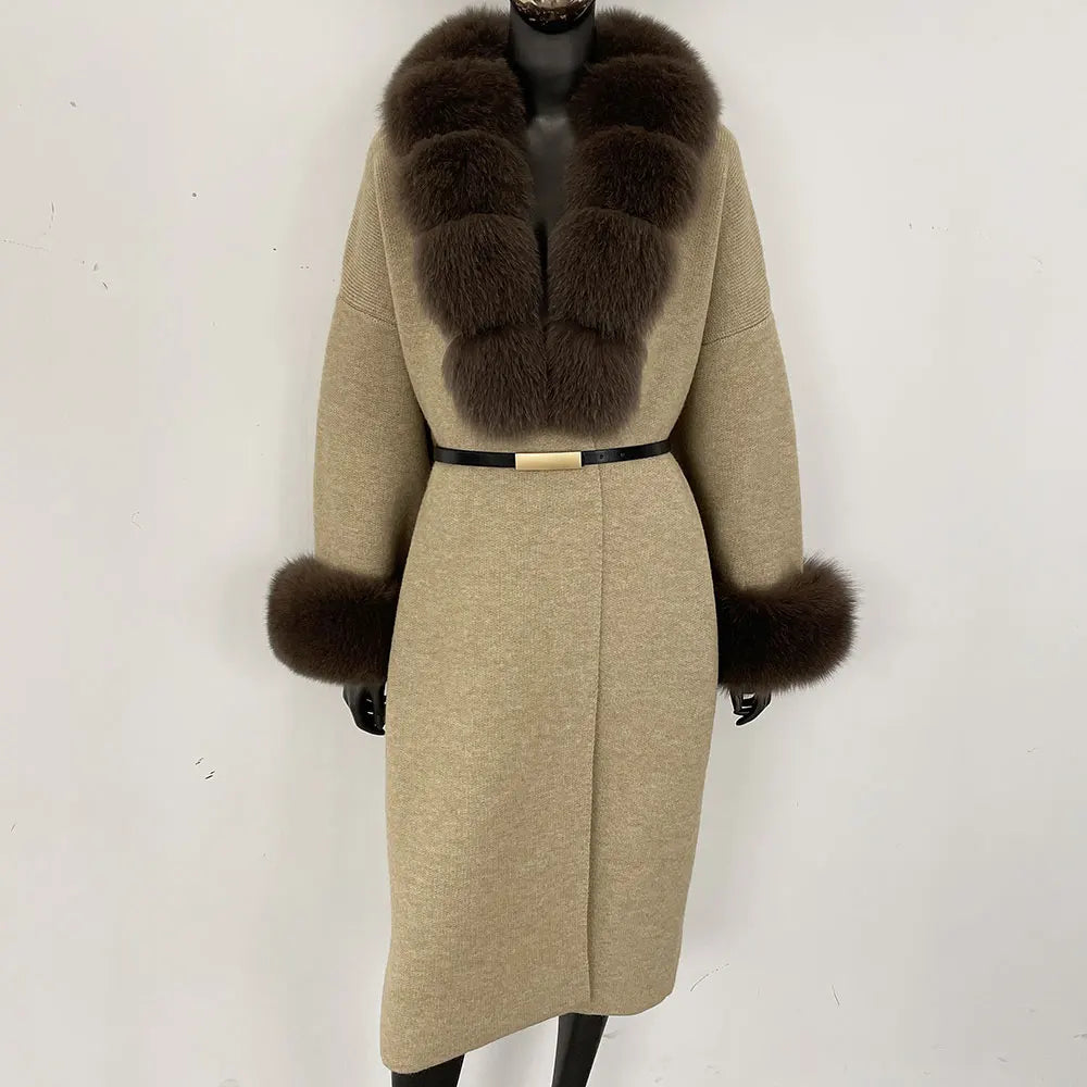 Long Knitwear Coat Women Warm Belt Real Fox Fur Jacket Female 2024 New Autumn Winter Kintted Natural Fur Coat Women