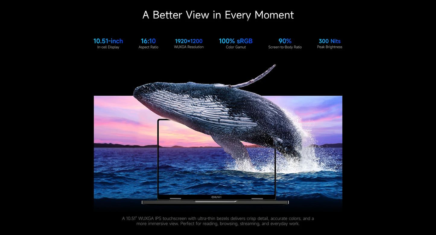 CHUWI MiniBook X Laptop Tablet PC 2 In 1 16GB 512G SSD Intel U300/N150 10.51 Inch FHD IPS Screen 1920*1200 Windows 11 Notebook