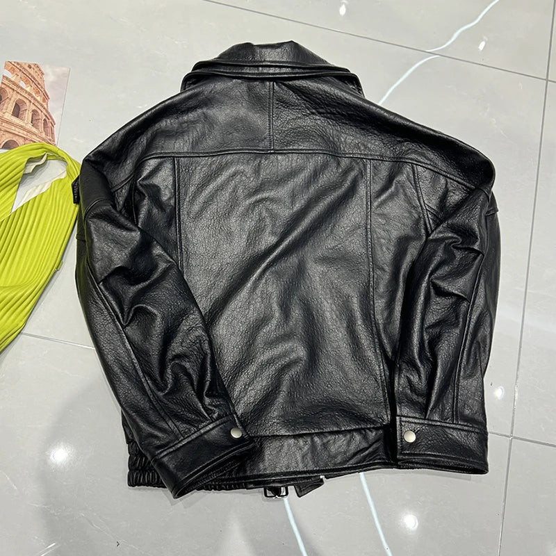 New Outerwear Leather Jacket Women American Retro Top Sheepskin Bubble Leather Double Lapel Loose Profile Coffee Locomotive Coat