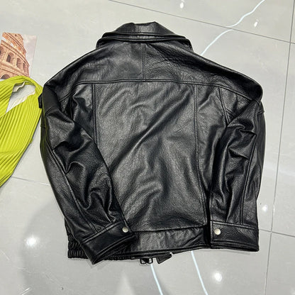 New Outerwear Leather Jacket Women American Retro Top Sheepskin Bubble Leather Double Lapel Loose Profile Coffee Locomotive Coat
