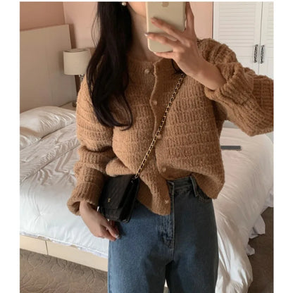 Autumn Elegant Korean O Neck Women's Long Sleeve Jacket Sweet Pink Small Fragrance Retro Short Knitted Cardigan for Lady Spring