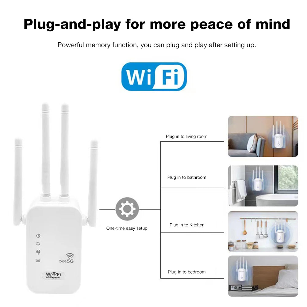 1200Mbps WiFi Repeater Signal Amplifier Dual Band 2.4G 5G WI-FI Signal Booster Long Range WIFI Network Extender for Home Office