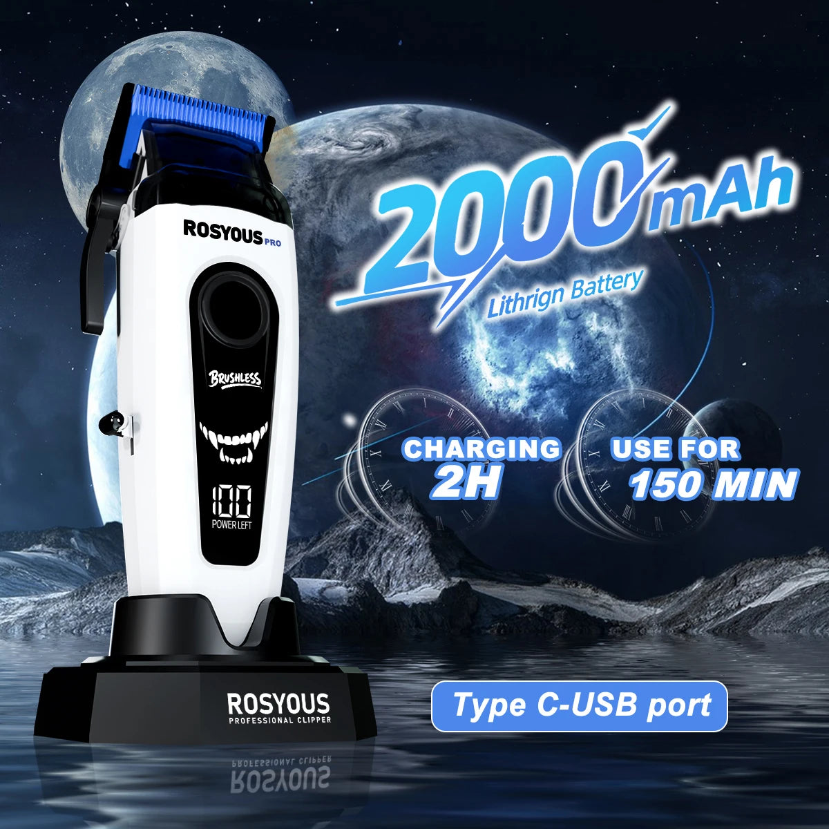 ROSYOUS Professional Hair Clipper DLC Blade 8000RPM Brushless Motor with Base Charger LED Display Hair Cutting Machine for Men