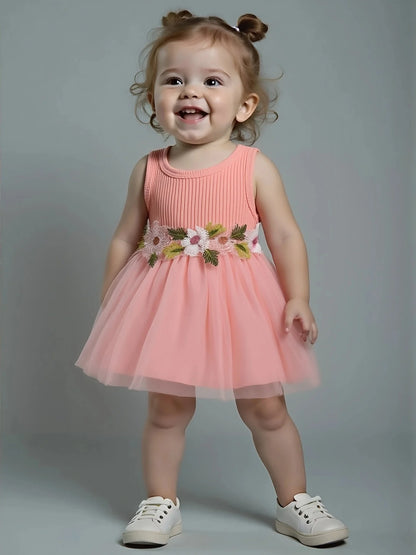 Soft Pink Knit Sleeveless Dress - 3D Flower Accent Tulle Skirt Girls Sweet Princess Outfit