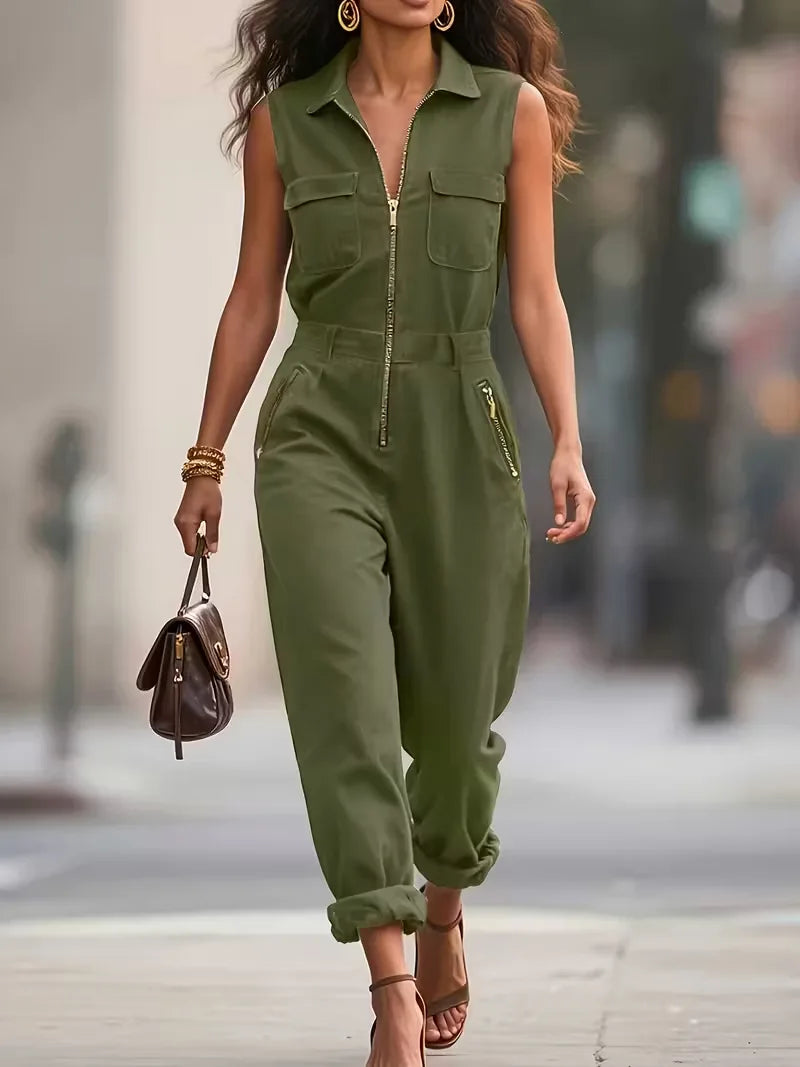 Streetwear Jumpsuit For Women Fashion Sleeveless Zipper Turn-down Collar Long Pants Jumpsuits Lady Casual Solid Women's Clothing