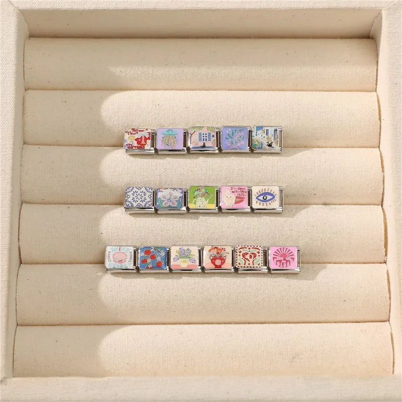 Fashion Drip Glaze Blue Eyes Colorful Butterfly Italian Charm Links Fit 9mm Stainless Steel Bracelet Jewelry DIY Making Beads