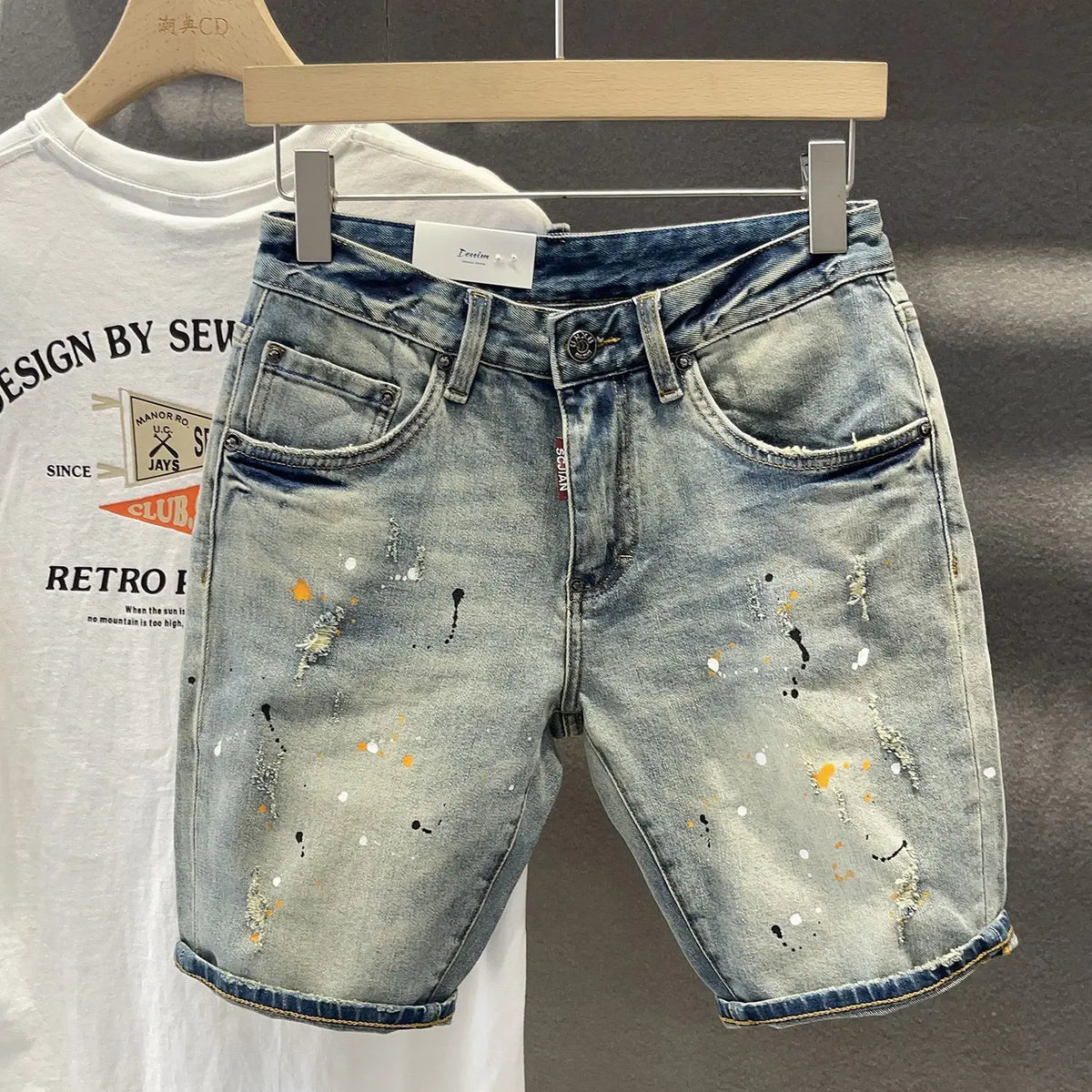 Summer Trendy Brand Handsome Denim Shorts Men's Washed Embroidered Patch Trendy Short Pants Ripped Slim-fit Elastic Middle Pants