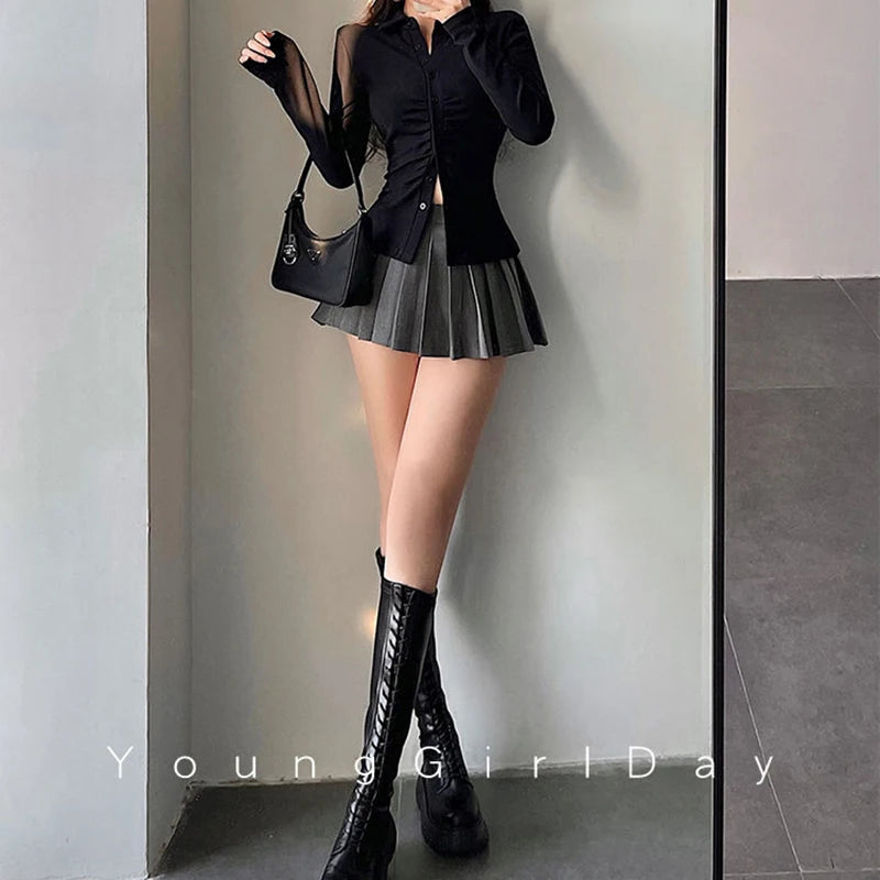 Pleated Skirt with Shorts Women Sexy High Waist Irregular White Black A-line Gyaru Tennis extreme Mini Skirt School