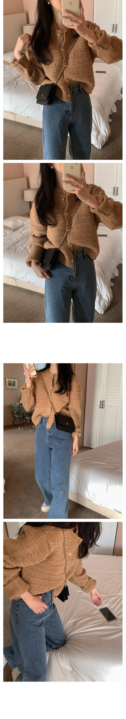 Autumn Elegant Korean O Neck Women's Long Sleeve Jacket Sweet Pink Small Fragrance Retro Short Knitted Cardigan for Lady Spring