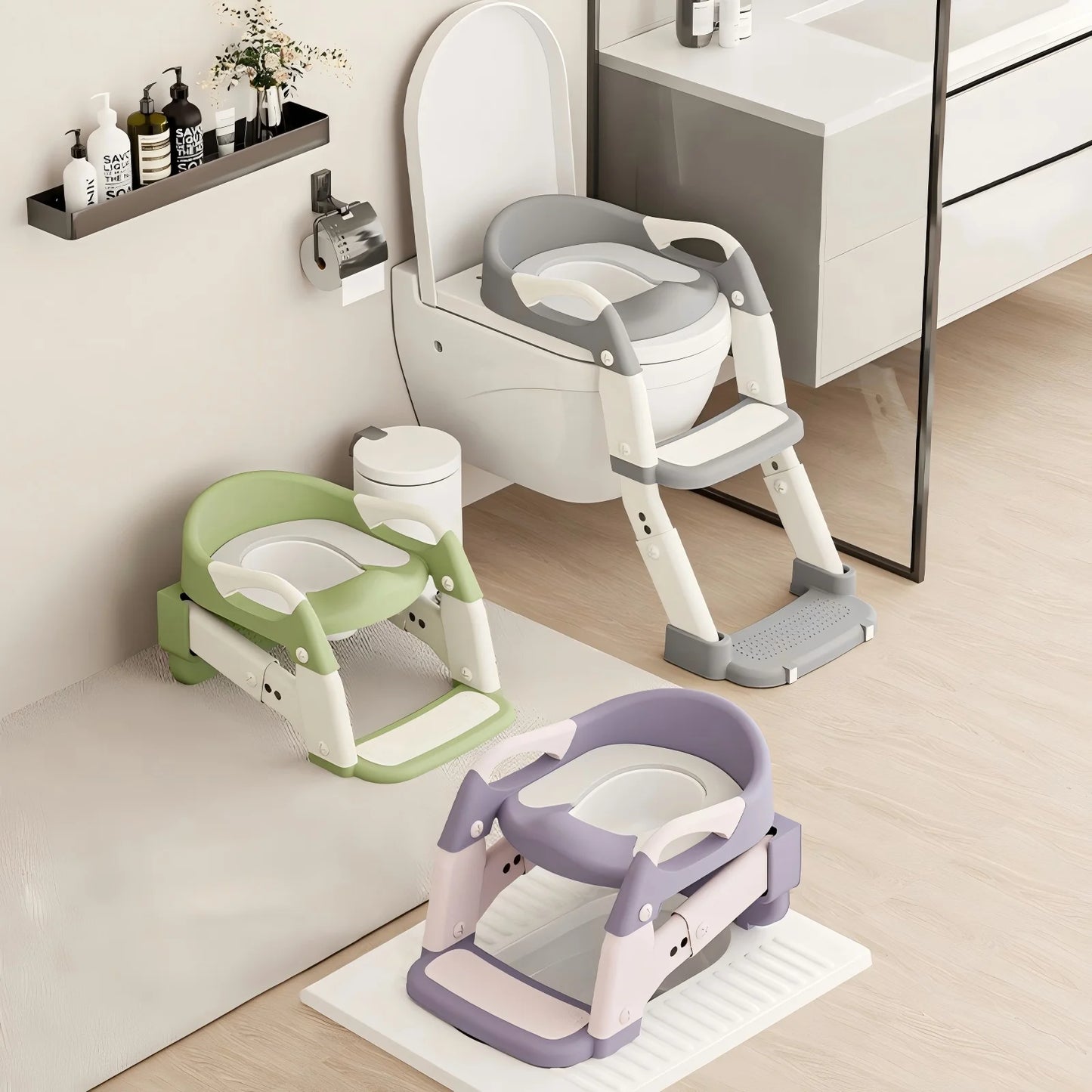 2-in-1 Toddler Toilet Ladder Seat – Adjustable Potty Training Seat with Non-Slip Steps & Anti-Slip Pads, Foldable for Boys & Girls, Bathroom Toilet Trainer (Grey Green Purple)