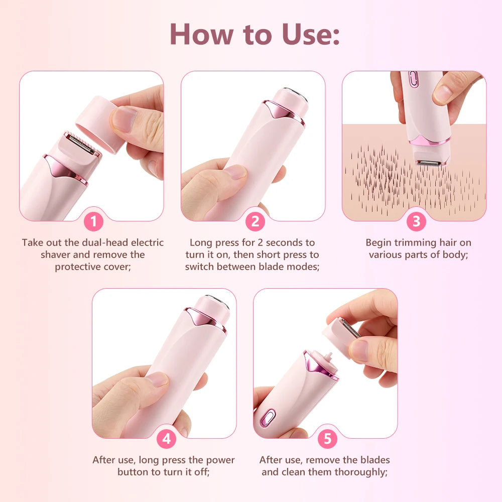 Electric Shaver for Women Waterproof Wet & Dry Hair Razors 2 in 1 Double Head Portable Bikini Hair Trimmer Detachable Head Shave