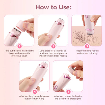 Electric Shaver for Women Waterproof Wet & Dry Hair Razors 2 in 1 Double Head Portable Bikini Hair Trimmer Detachable Head Shave