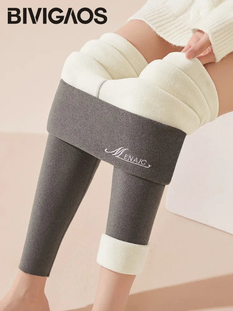 BIVIGAOS Women's Autumn Winter High Waist DE Velvet Leggings Thick Spontaneous Hot Warm Leggings Slim Elastic Leggings