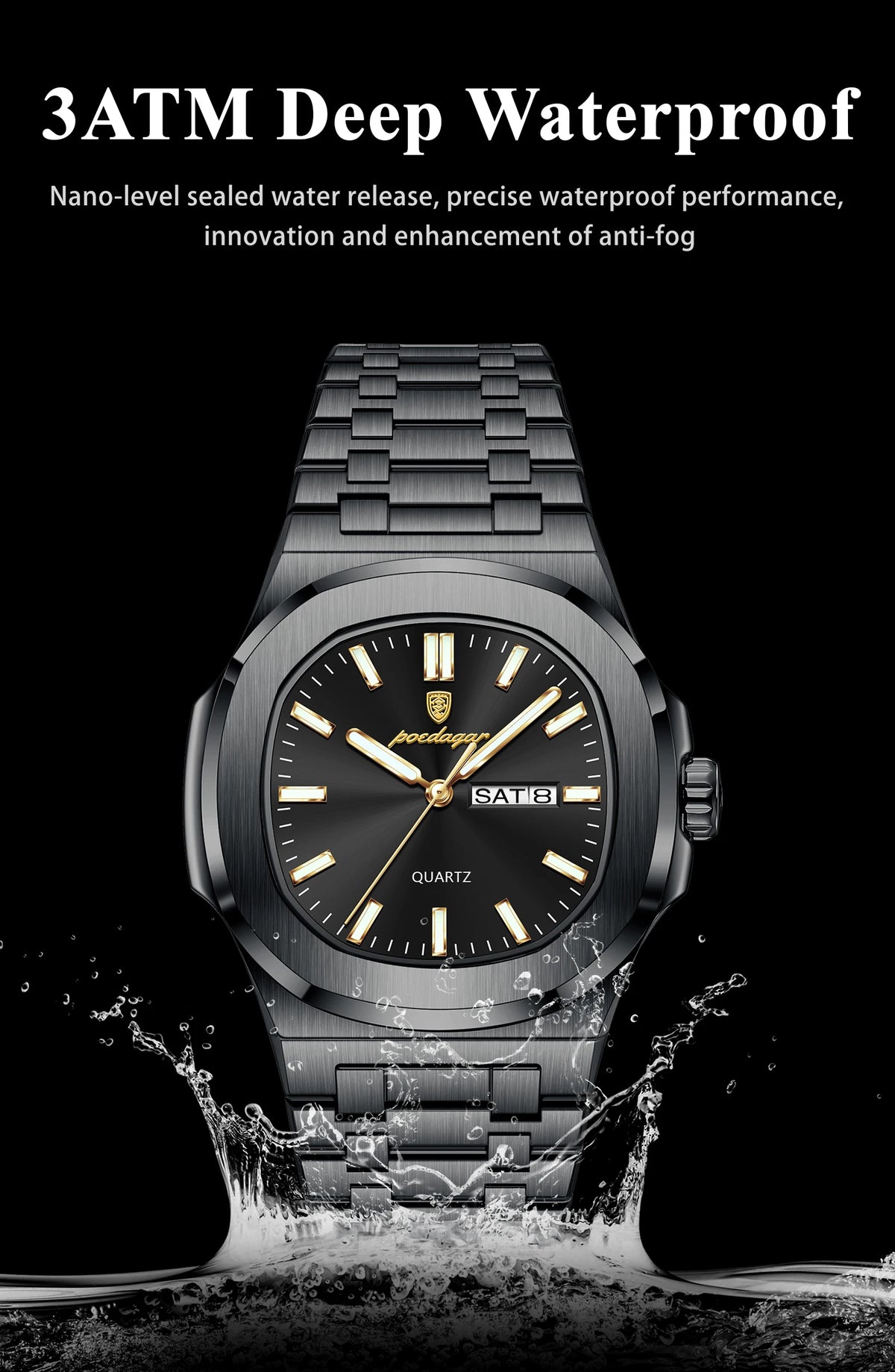POEDAGAR Luxury Square Men's Watches Waterproof Luminous Date Week Men Watch Stainless Steel Fashion Quartz Man Wristwatch Reloj