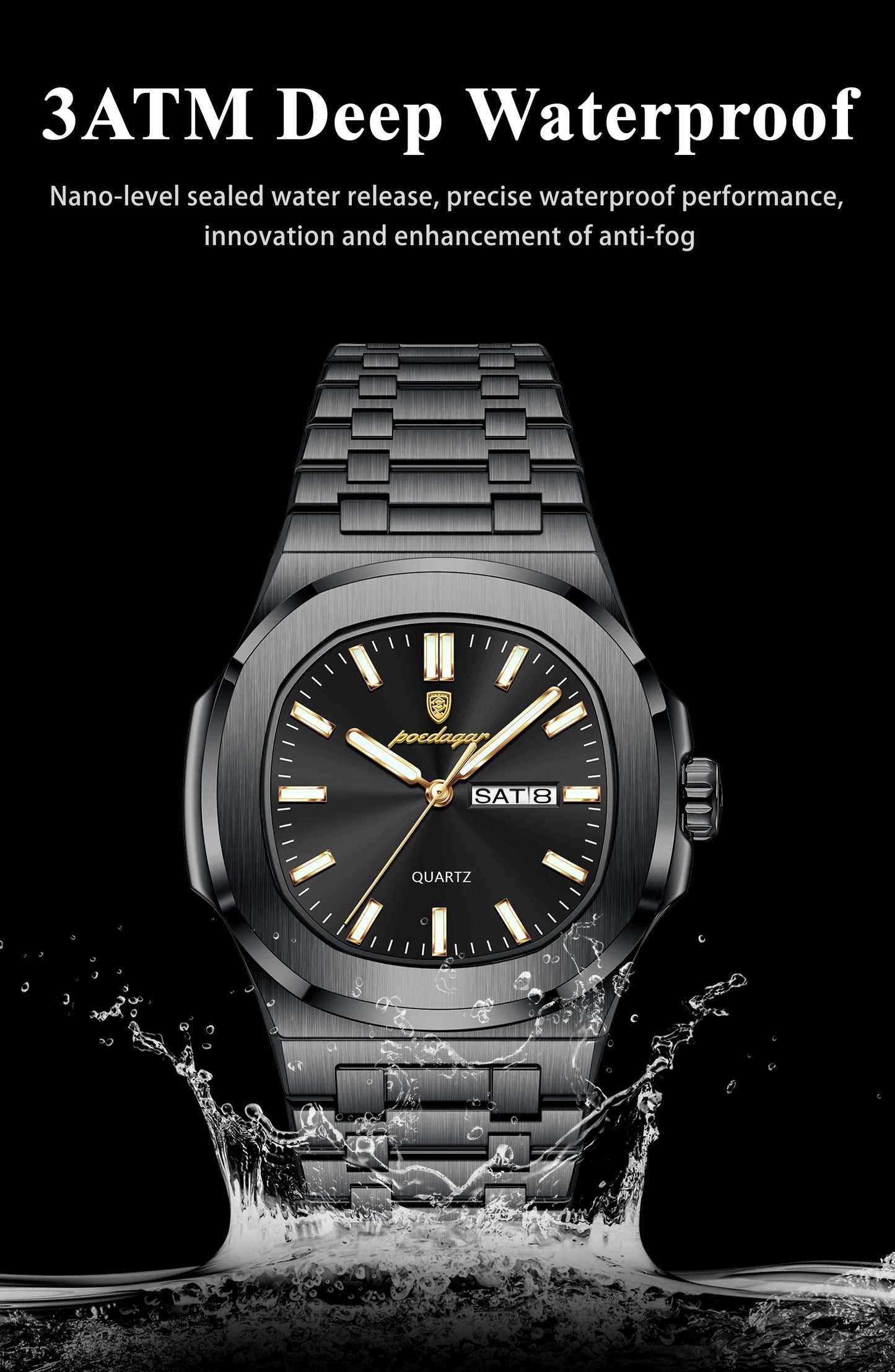 POEDAGAR Luxury Square Men's Watches Waterproof Luminous Date Week Men Watch Stainless Steel Fashion Quartz Man Wristwatch Reloj