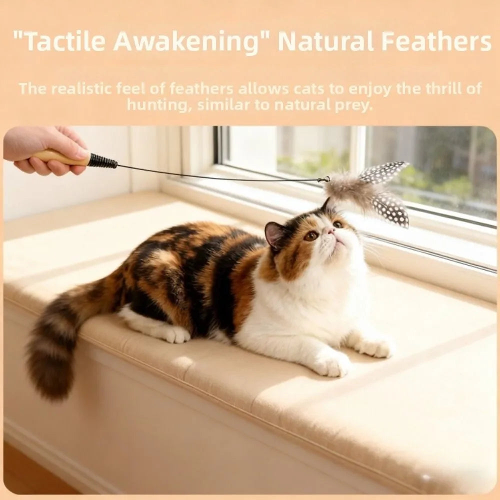 Wooden Handle Spring Teasing Cat Stick Feather Simulation Fishing Rod Cat Teaser Stick Interactive Replaceable Bell Squeaky Cat