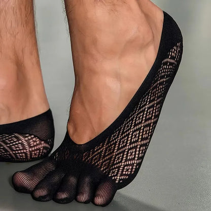 1/5 Pairs Summer Men's Invisible No Show Five Finger Socks Thin Velvet Non-Slip Mesh Breathable Elastic Solid Silk Soft