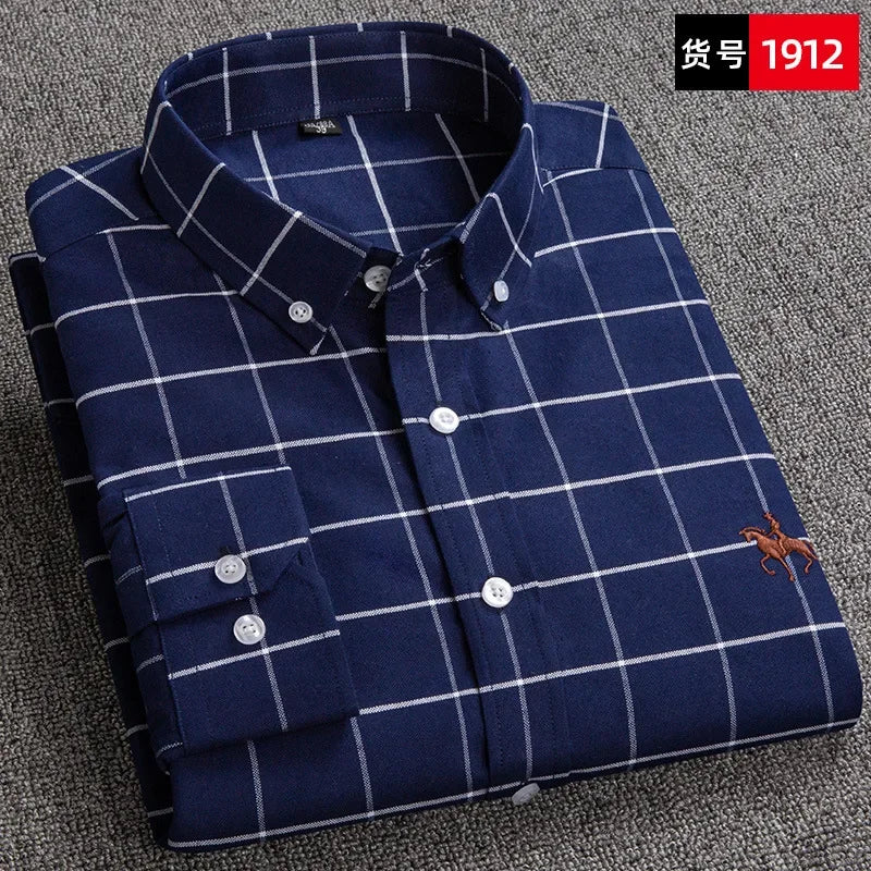 Casual cotton men's shirt slim fit horse logo bottom inch shirt Oxford spinning long sleeved striped shirt